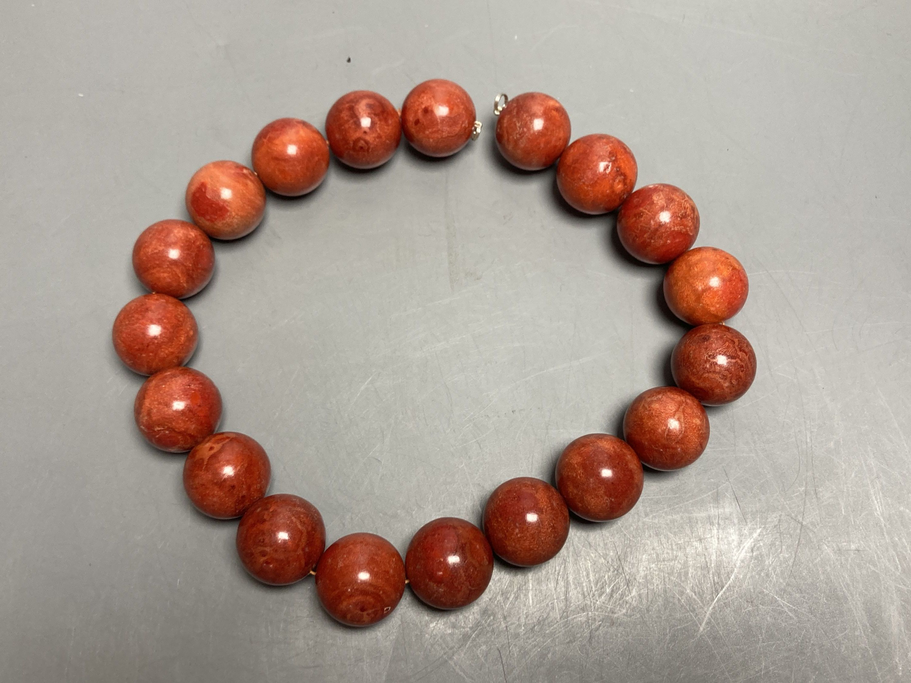 A large single strand circular stained? coral bead necklace, no clasp, 43cm, gross 267 grams.